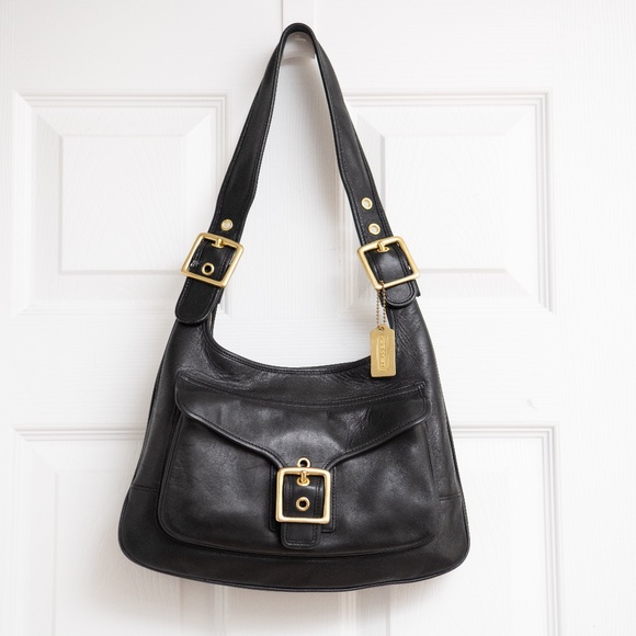 Vintage COACH Y2K Legacy Saddle 9340 Shoulder Bag Black Leather Buckle Detail - Picture 1 of 9